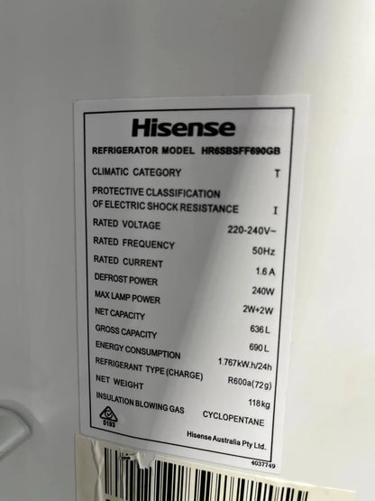 Hisense HR6SBSFF690GW 690L Side by Side Fridge