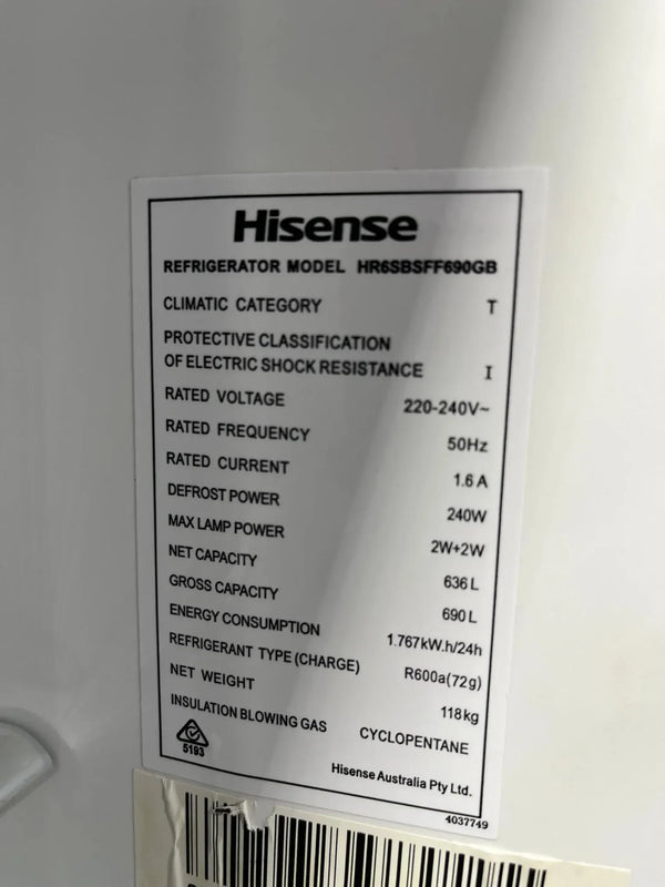 Hisense HR6SBSFF690GW 690L Side by Side Fridge