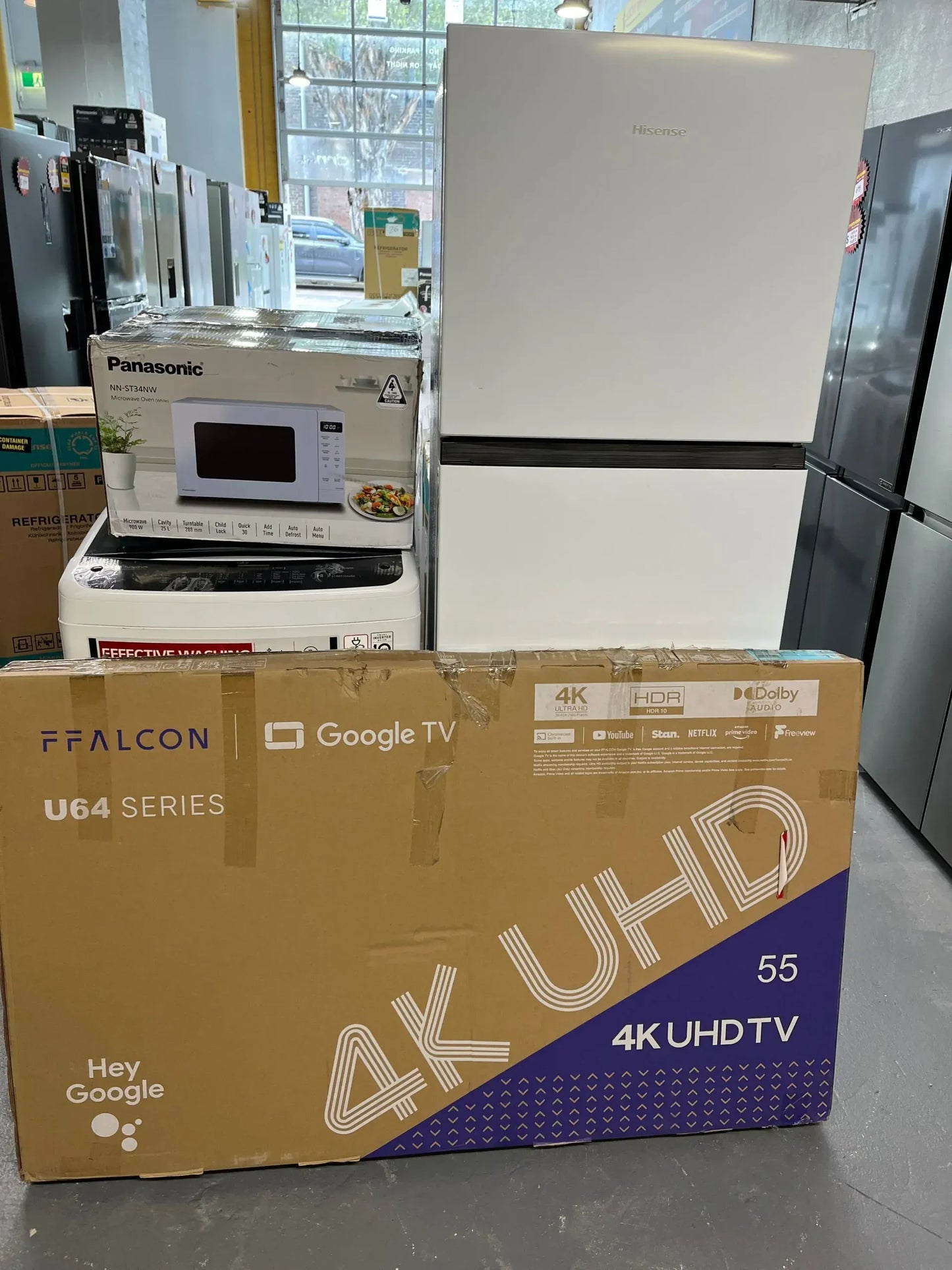 Hisense 325L fridge freezer + LG 6.5 kgs washer +55” inch Tv and microwave Combo